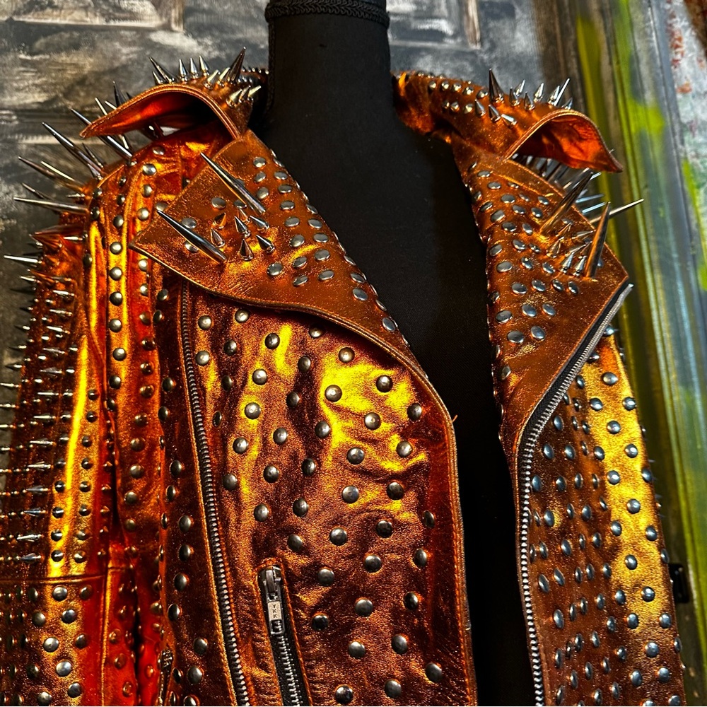 Custom spiked studded leather motorcycle jacket - size 38" - Picture 8 of 16